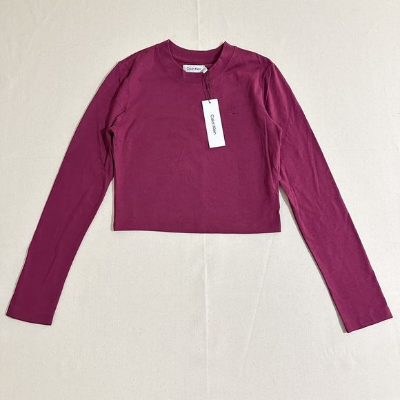 CALVIN KLEIN MAGENTA CROPPED LONG SLEEVE TOP - SMALL WOMEN - Picture 1 of 8